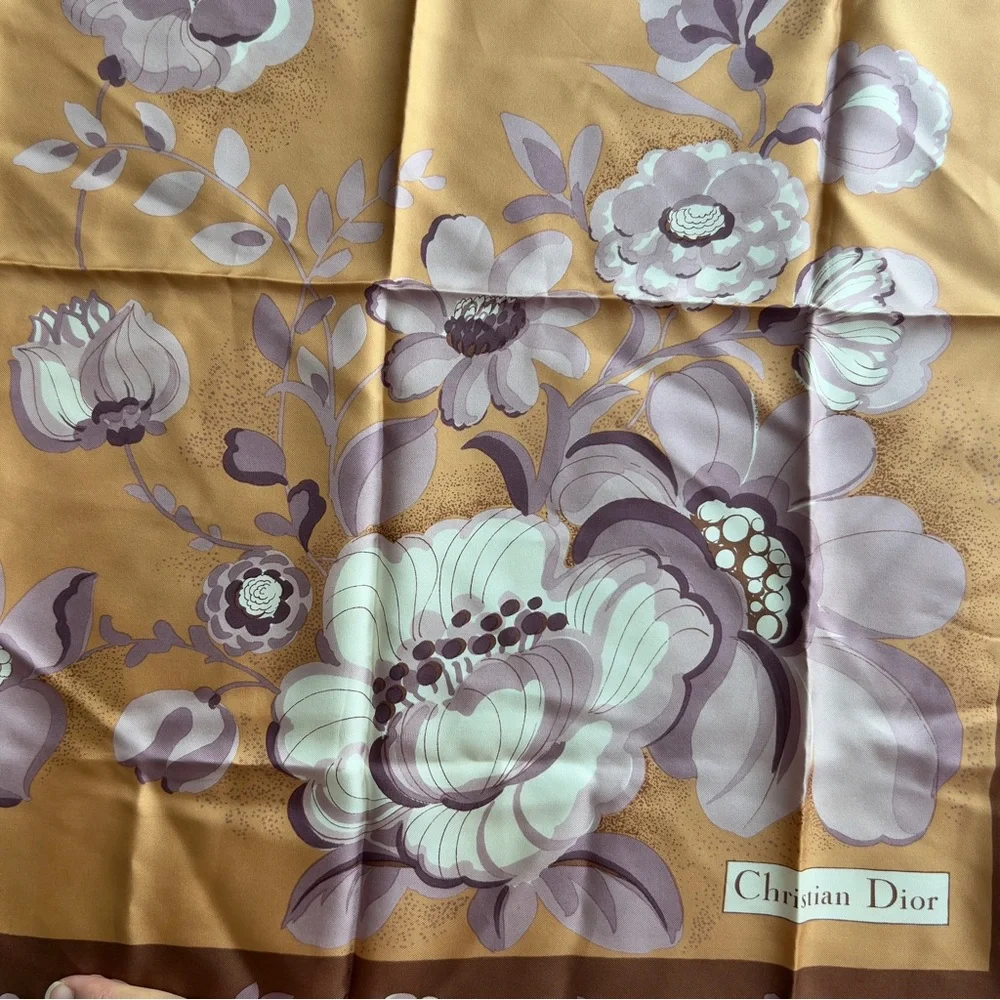 Christian Dior Floral brown mocha Silk satin square Scarf